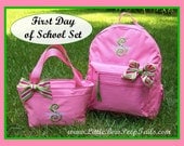 Gift Set of 3 - Matching Hair Bow, Initial and Name Monogrammed Backpack, Lunchbox - Personalized Solid Color Girls kids childrens