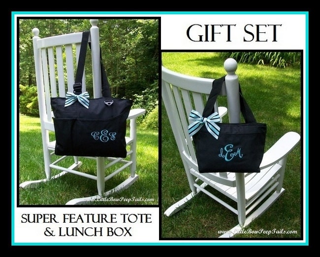 Gift Set - Monogrammed Super Feature Tote and Lunchbox - Matching Personalized Solid Color Books Bridesmaids Teachers Briefcase Extra Large