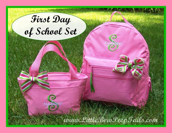 Gift Set of 3 - Matching Hair Bow, Initial and Name Monogrammed Backpack, Lunchbox - Personalized Solid Color Girls kids childrens
