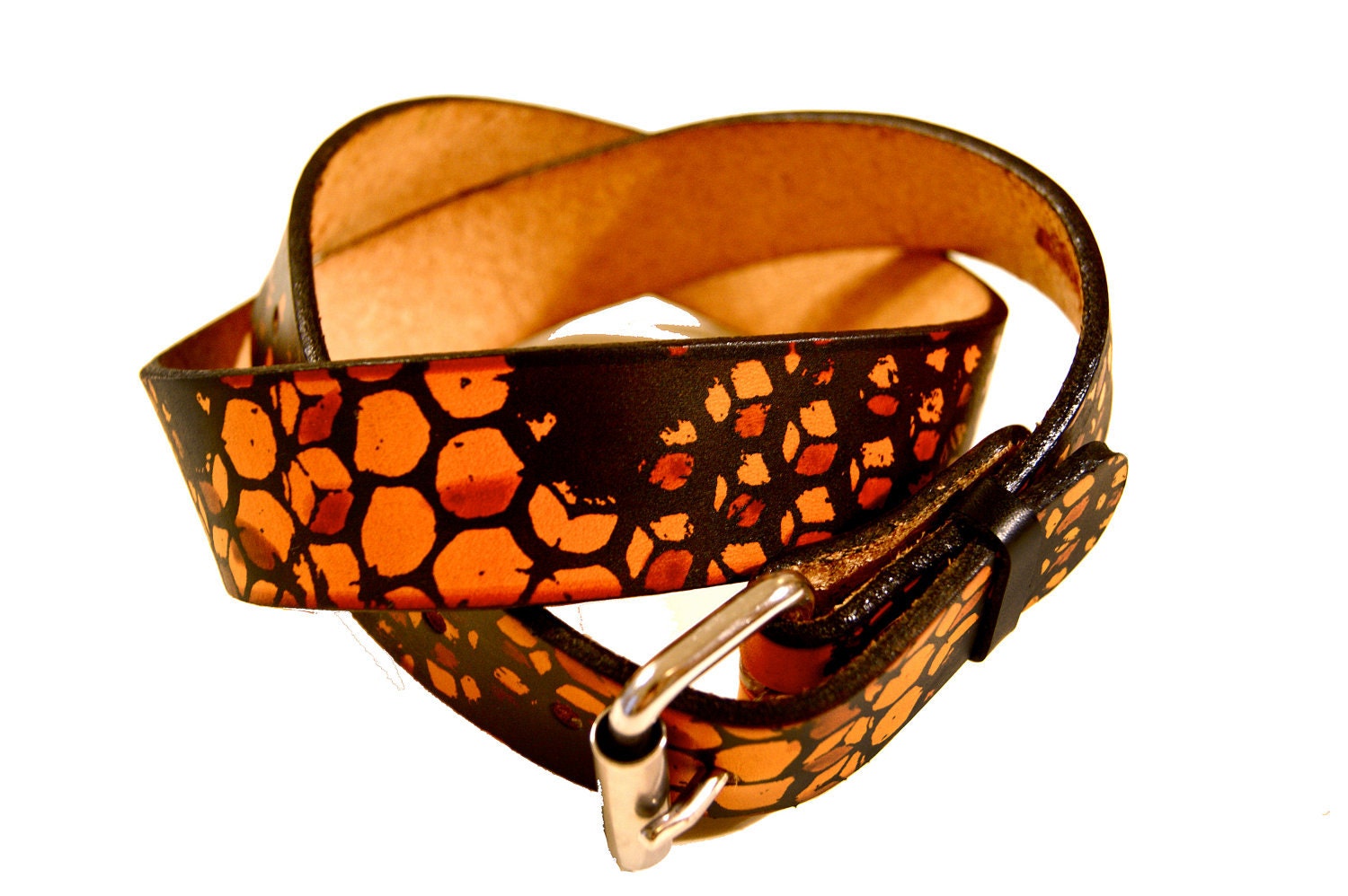 Honeycomb Printed Leather Belt- Silk screened and hand colored