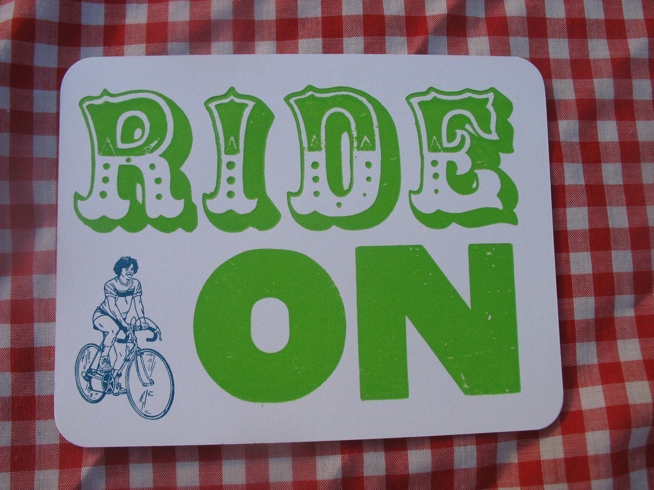 ride on letterpress printed postcard