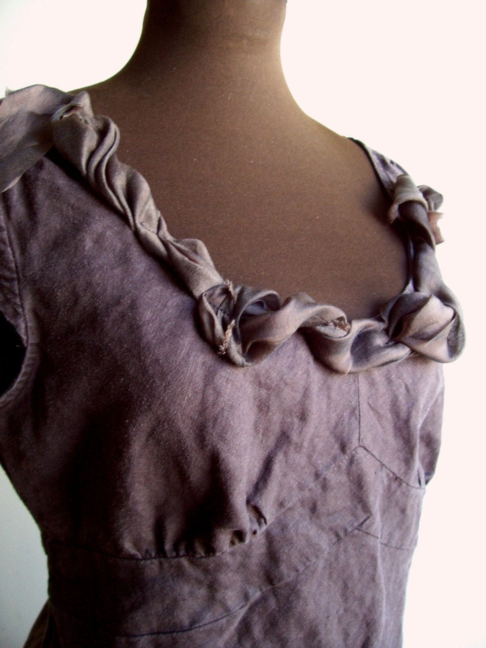 Linen Empire Waist Cap Sleeve Shirt Dark Chocolate Brown with Frill - Cambria