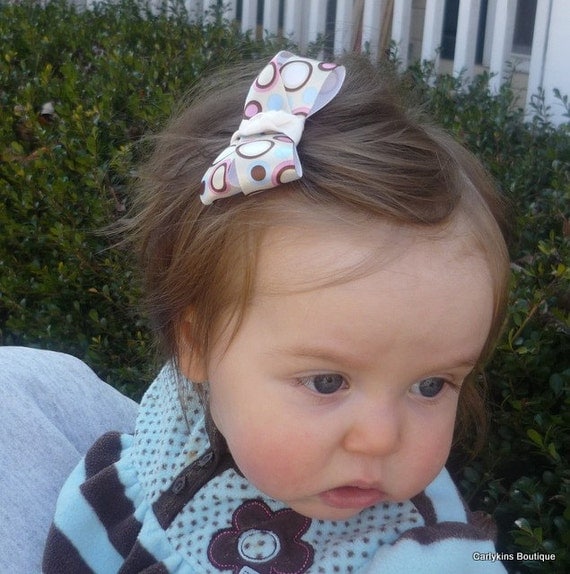 One Large Satin Bow Hair Accessory Snap Clip Beige with Pastel Polka Dots Baby, Toddler Girls
