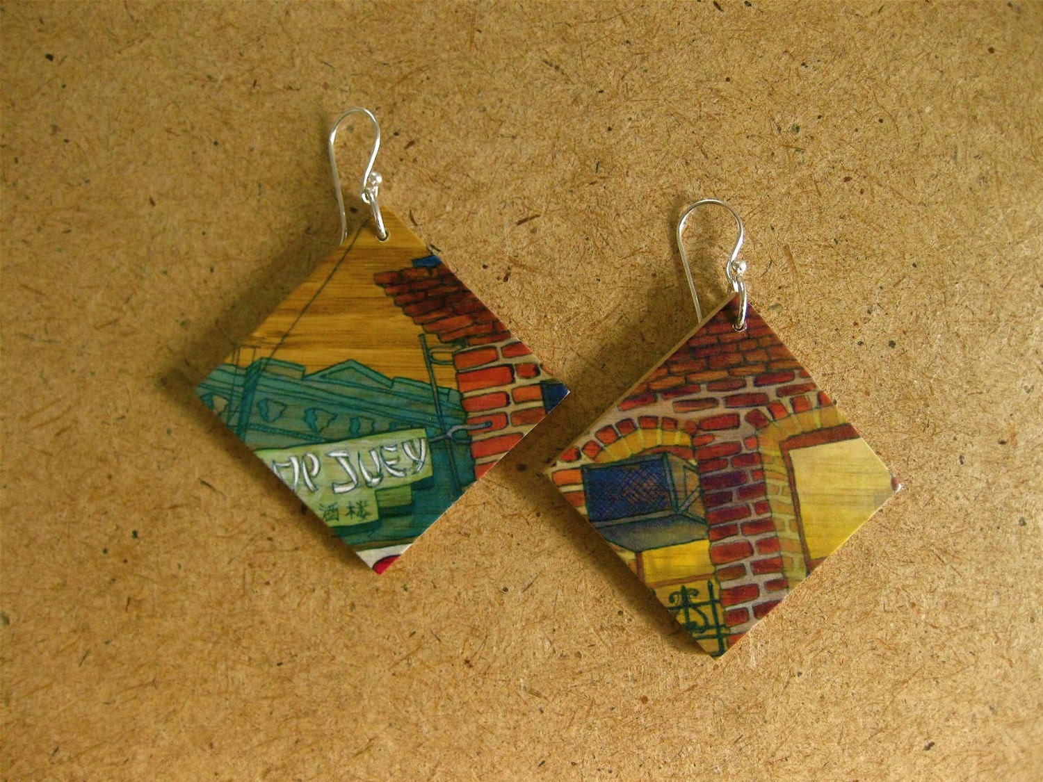 Chop Suey, 1.5x1.5 Paper and Wood Earrings