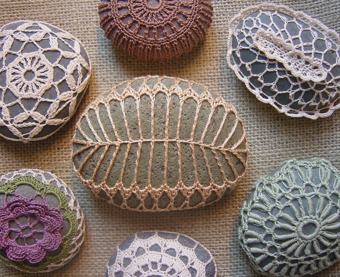 RESERVED Crocheted Lace Stone, Golden Beige, Fern Pattern, Green Speckled Stone