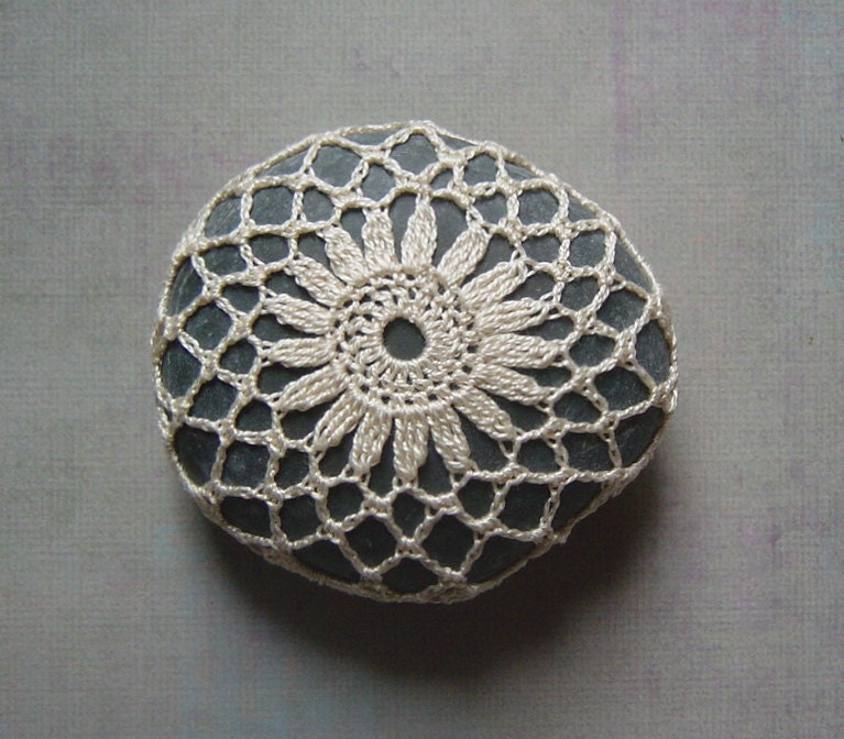 Crocheted Lace Stone, Floral Motif, Beige, Handmade