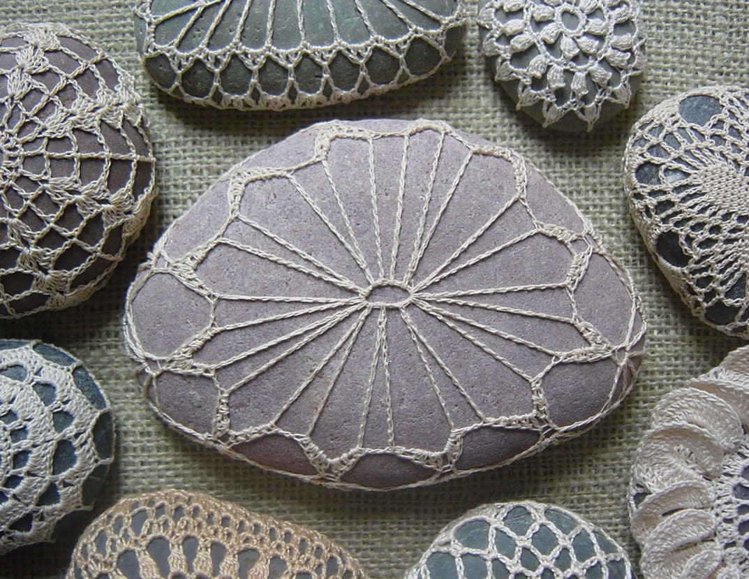 Crocheted Lace Stone, with Tiny Stitches, Beige, with Pinkish Gray Stone, Handmade