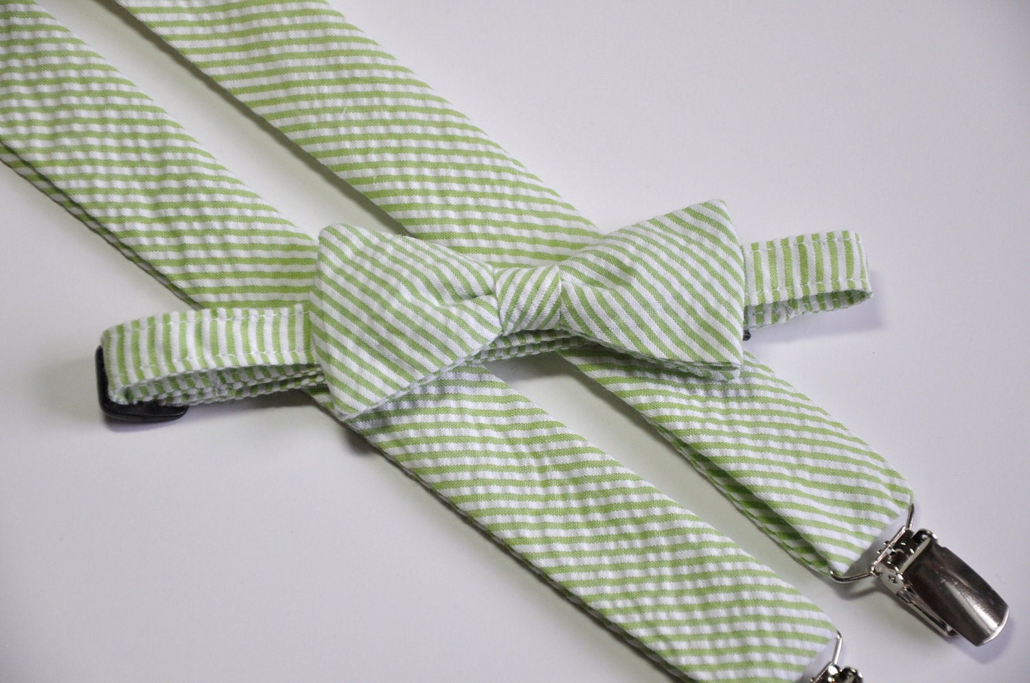 Lime Green Seersucker Bowtie and Suspender Set for Boys Todders or Babies