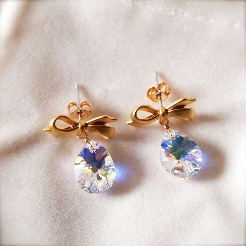 Heather -- Ribbons Earstuds - Swarovski Crystal Earrings, Gold Jewelry, Dreamy Romantic, Classic Chic, Elegant Chic