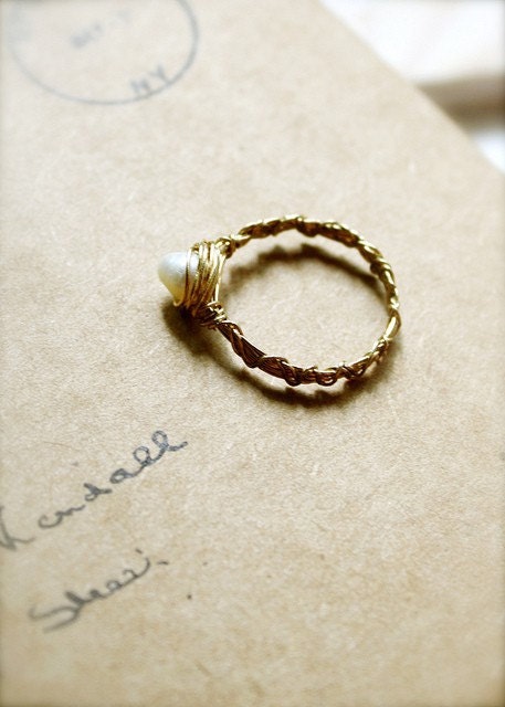 Entwined -- Pearl Handwrapped Gold Band - Everyday Classic, Dreamy Romantic, Promise Ring, Gold Ring, Valentine