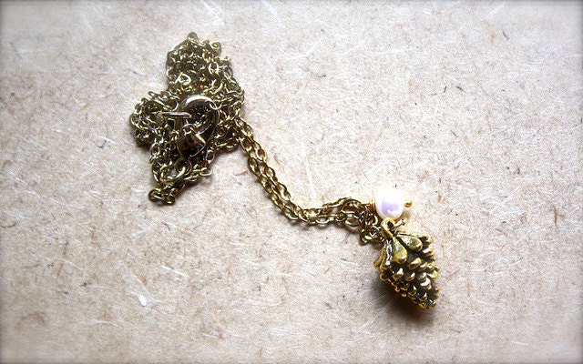 Pine -- Longing For Winter - Gold Charm Jewelry, Winter Themed, Pinecone, Momento Jewelry, Gold Necklace