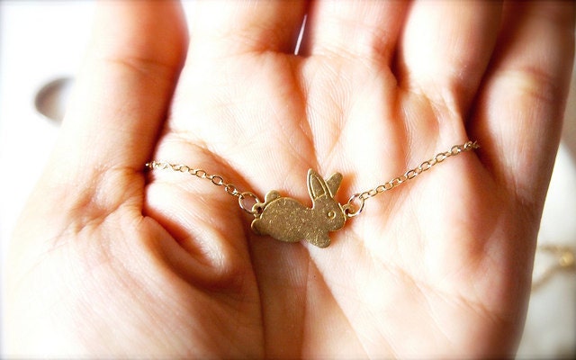 Flopsy -- Handstamped Rabbit Charm Necklace - Personalised Initials, Brass Rabbit, Valentine, Birthday, Everyday Classic, Easter, Layering