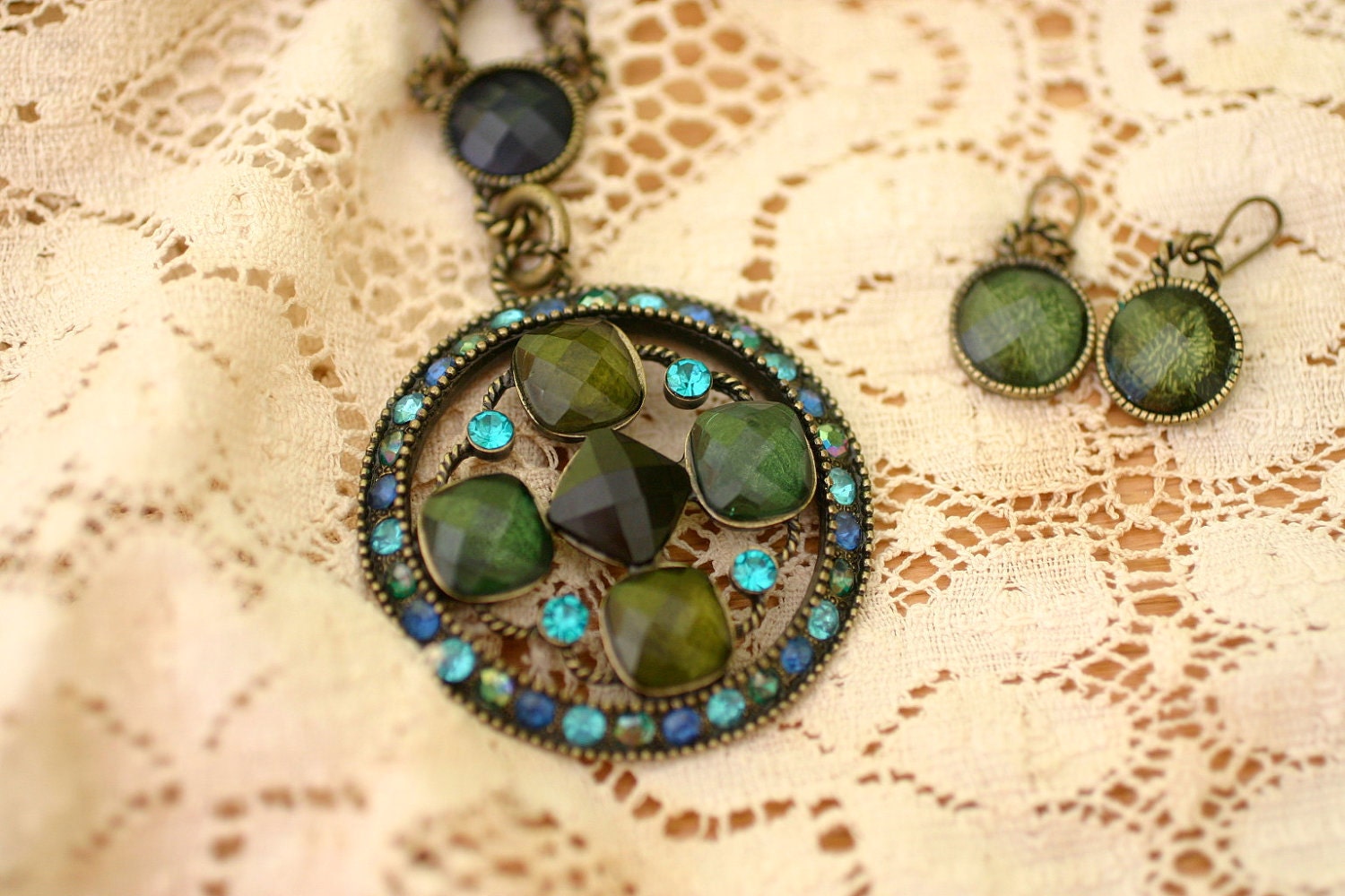 Vintage Blue and Green Pendant Statement Necklace and Earrings