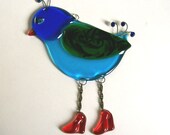 Fused Glass Bird Suncatcher With Red High Heels (Turquoise)