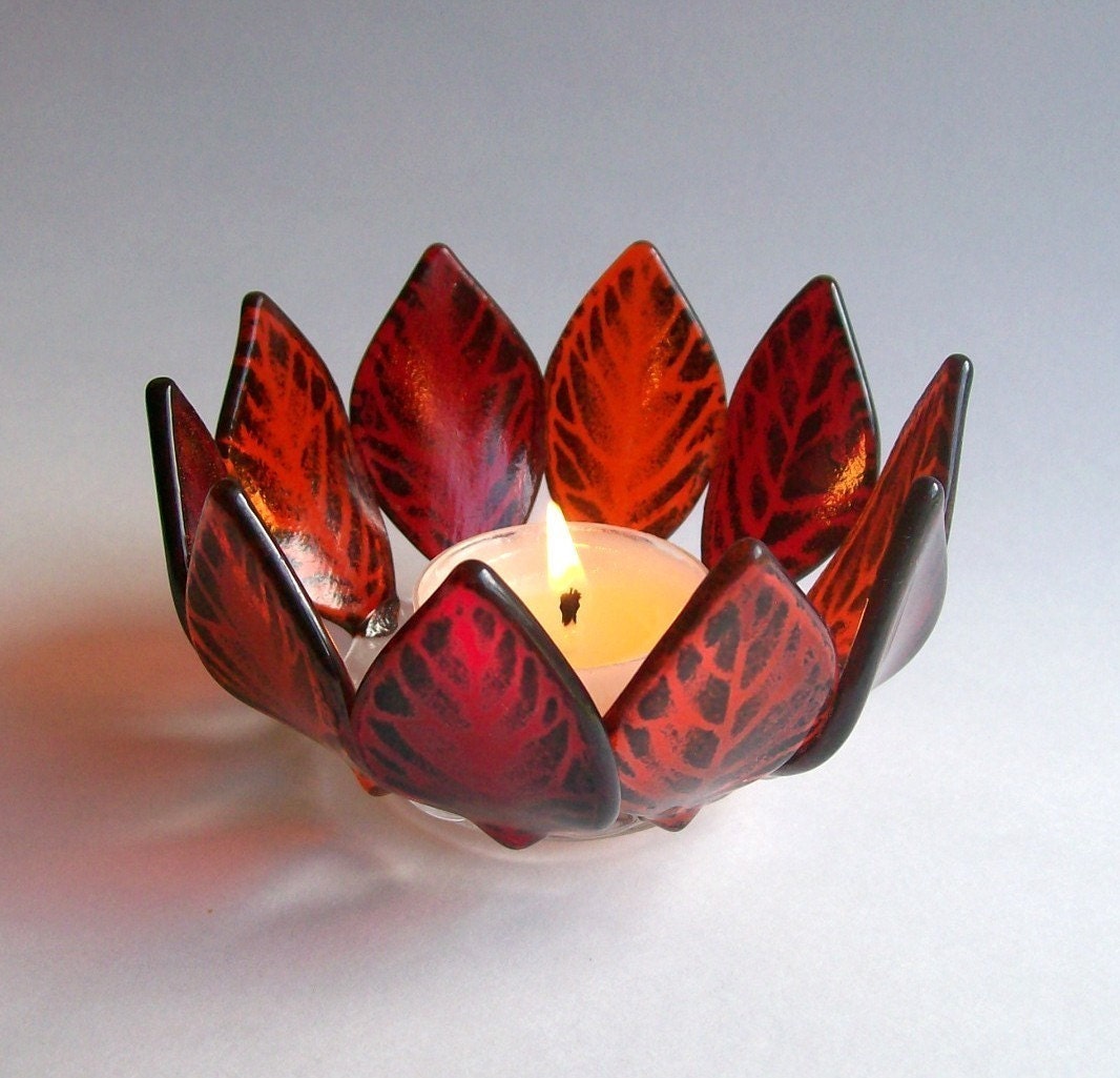 Glass Candle Holder/Votive Fused Glass Red/Orange by CDChilds