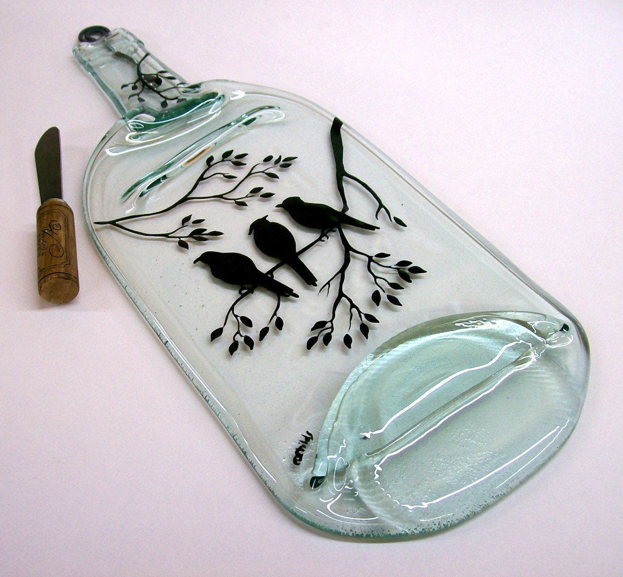 Recycled Wine Bottle Serving Tray/Cheese Board With Wine Cork Spreader (Birds on a branch)