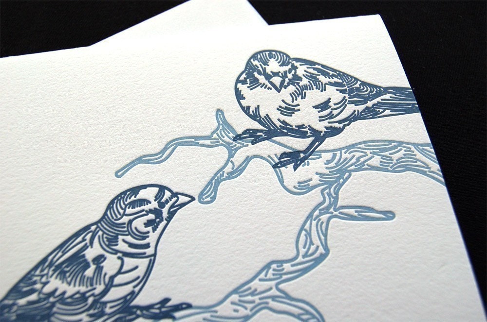 Letterpress greeting card, blue birds, SET