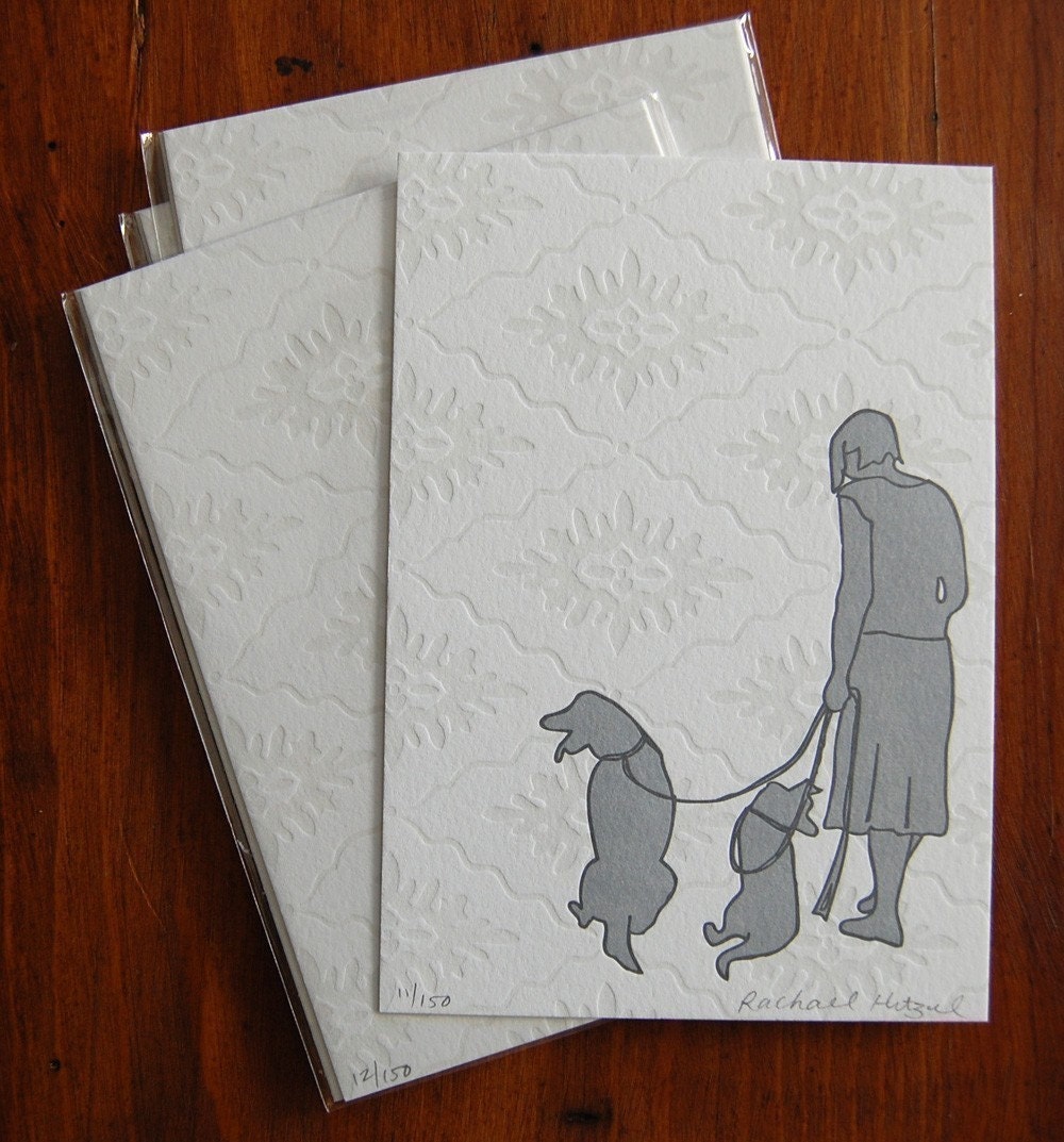 Woman walking dogs, original letterpress print