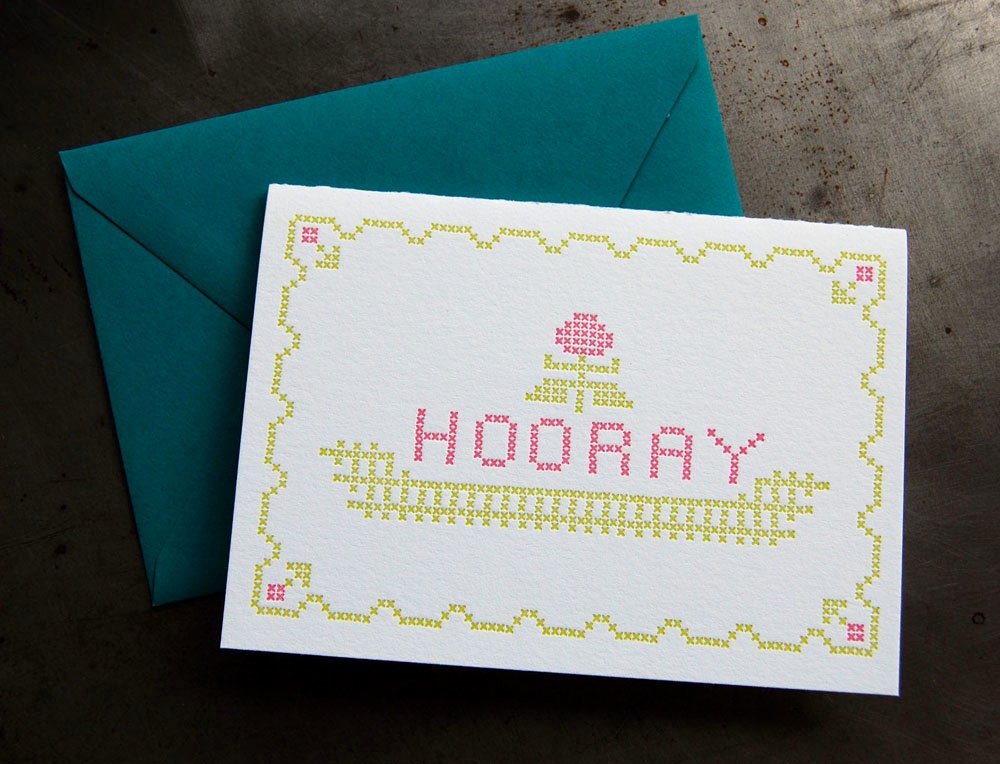 Hooray - Letterpress cross stitch card