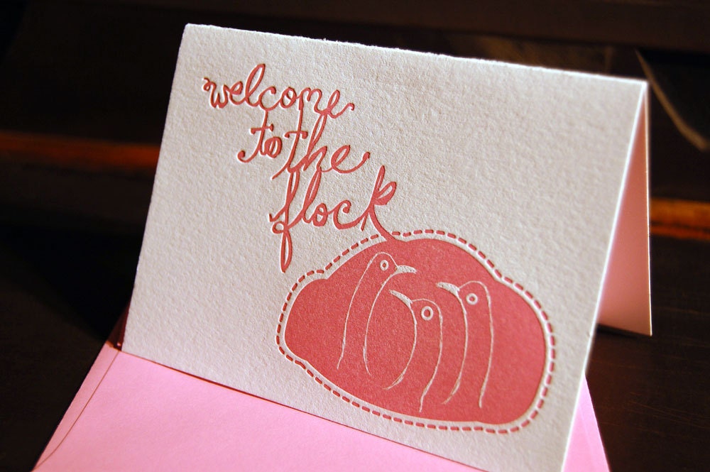 Welcome to the flock, new baby, letterpress card, pink