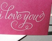 I Love You, pink pinstripe, letterpress card