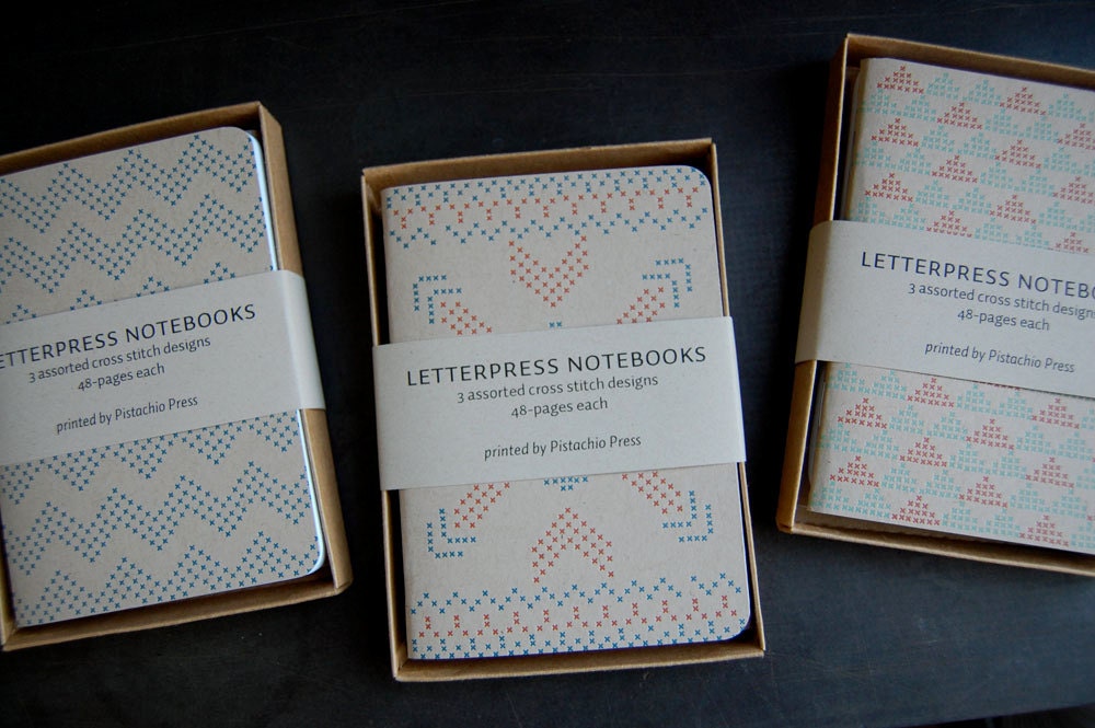 Letterpress Notebooks, cross stitch, set of 3