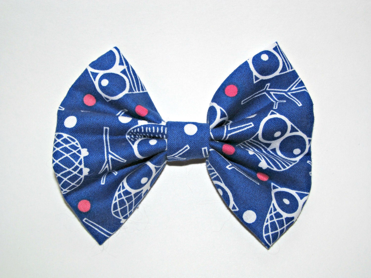 Blue Hair Bow with Owls and Polka Dots