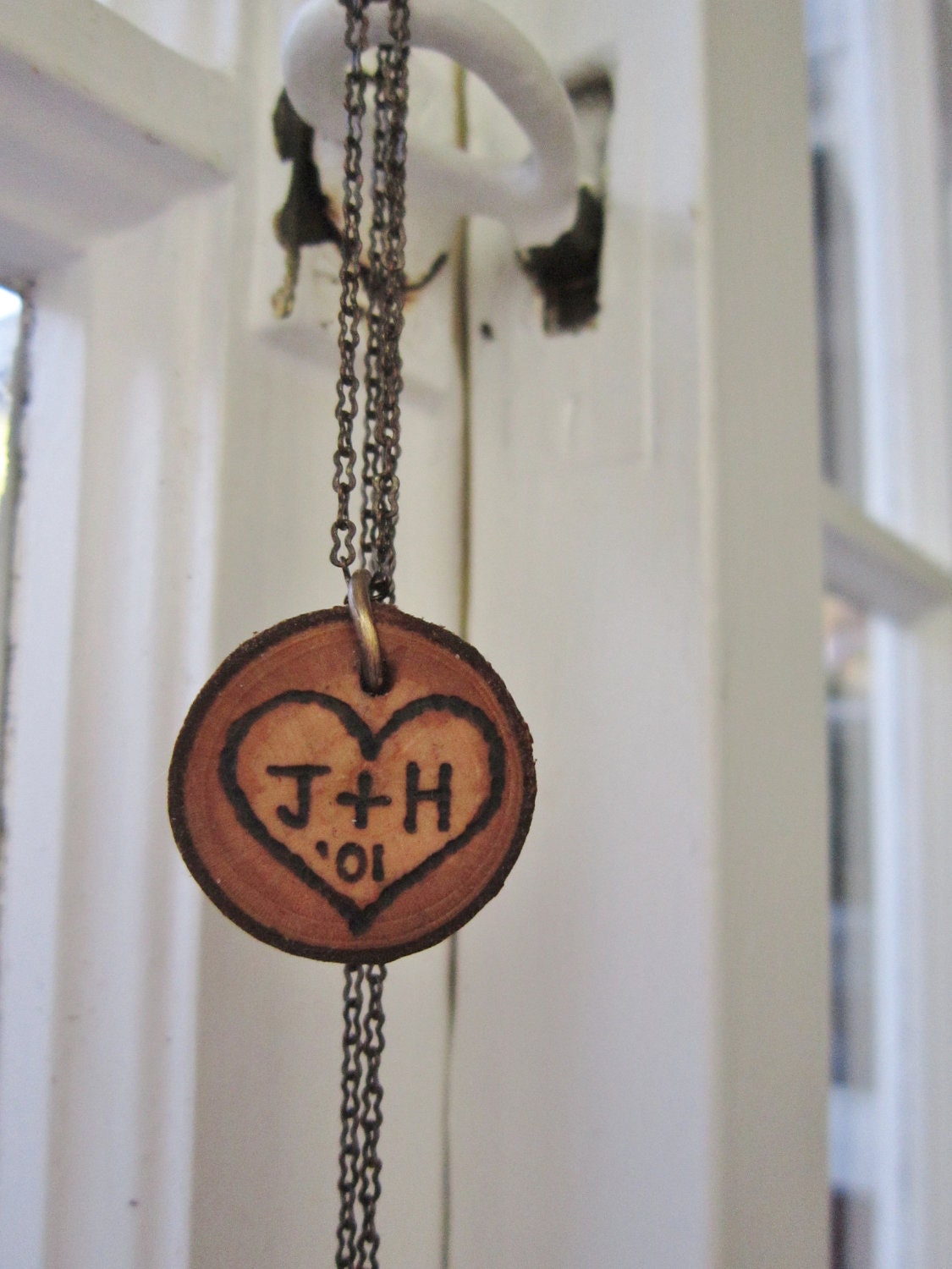 Sittin' in a Tree... hand-burned personalized wedding/anniversary wooden necklace on an antiqued brass chain