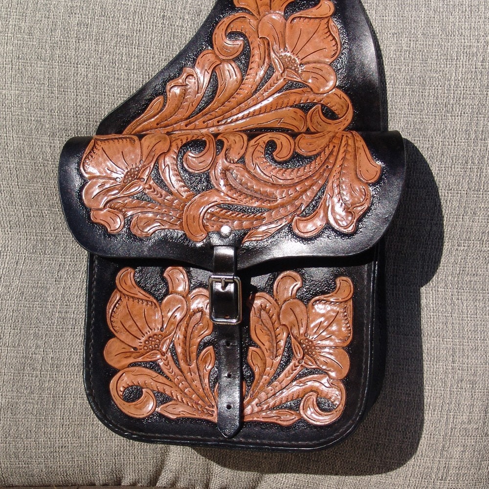 Hand Tooled Black Leather Saddle Bag by DavidsLederLaden on Etsy