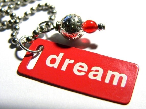 Red Dream Metal Tag Necklace On Silver Steel Chain