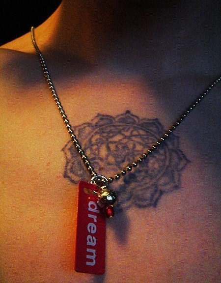 Red Dream Metal Tag Necklace On Silver Steel Chain