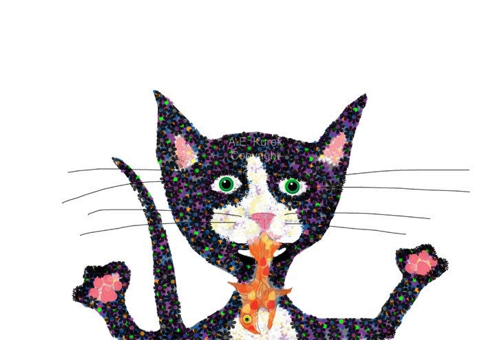 Cat Art - Tuxedo Cat with Gold Fish - 8.5 x11 Print