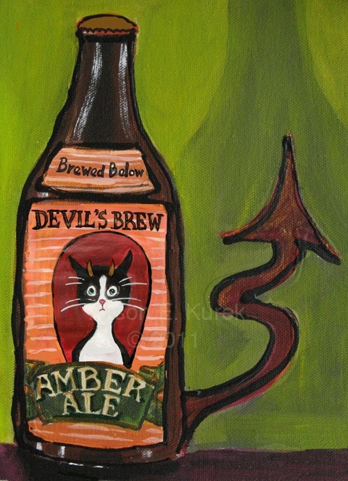 Funny Cat Art Print - Tuxedo Cat Devils Brew Beer - ACEO