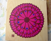 SALE - Pink Peacocky Flower Print on Wood (silkscreen, limited edition)