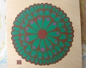 SALE - Green Peacocky Flower Print on Wood (silkscreen, limited edition)