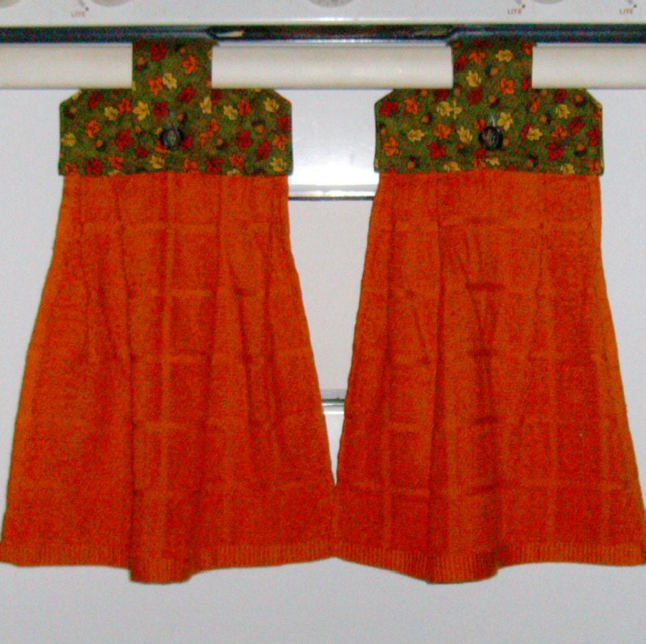 Hanging Cloth Top Kitchen Hand Towels - Leaves and Acorns Tops - Orange Towels - SET OF 2