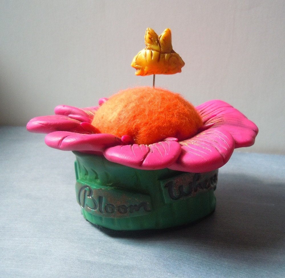 Polymer Clay Flower Pin Cushion and Bee Pin