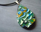 Green and Blue Teardrop Polymer Clay Pendant on Black Cord
