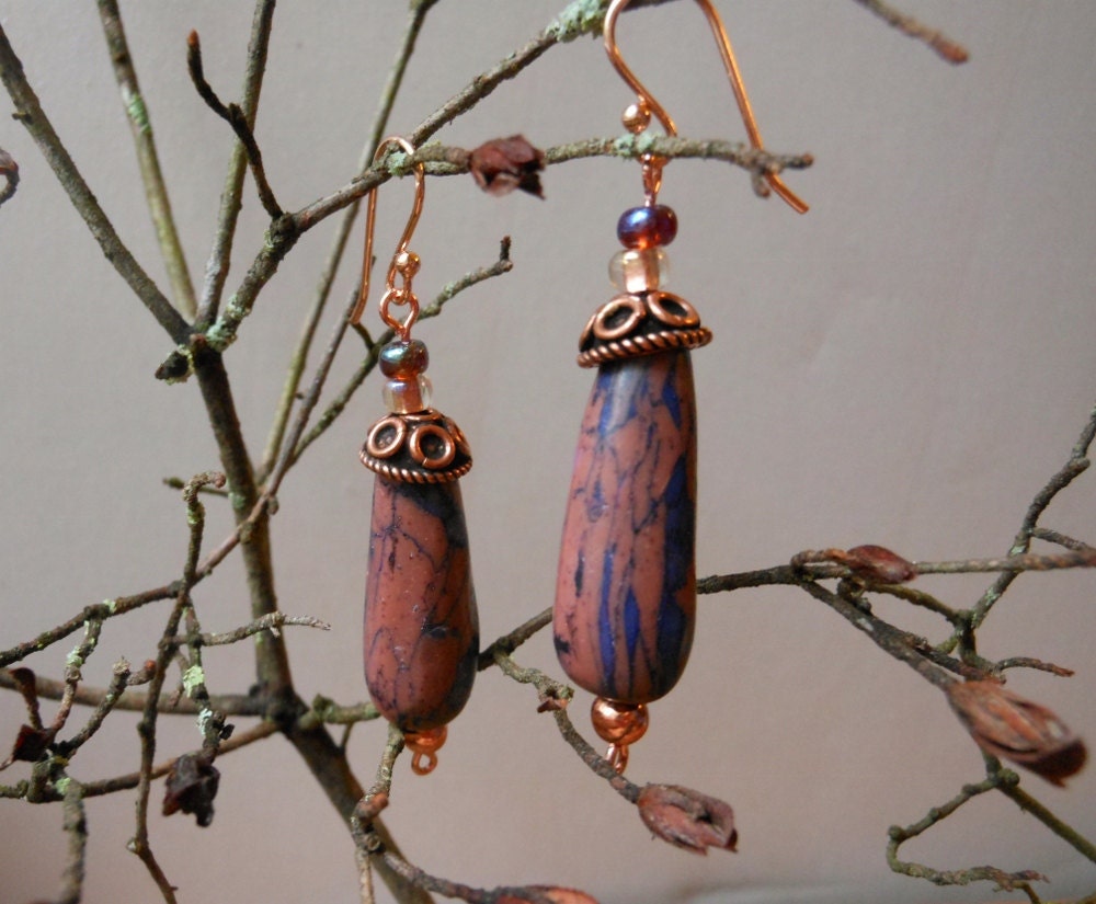 Faux Stone Polymer Clay Brown and Copper Earrings