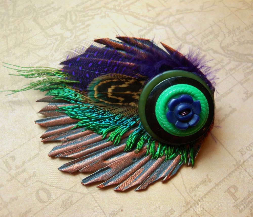 Vintage Button Leather and Feather Peacock Brooch