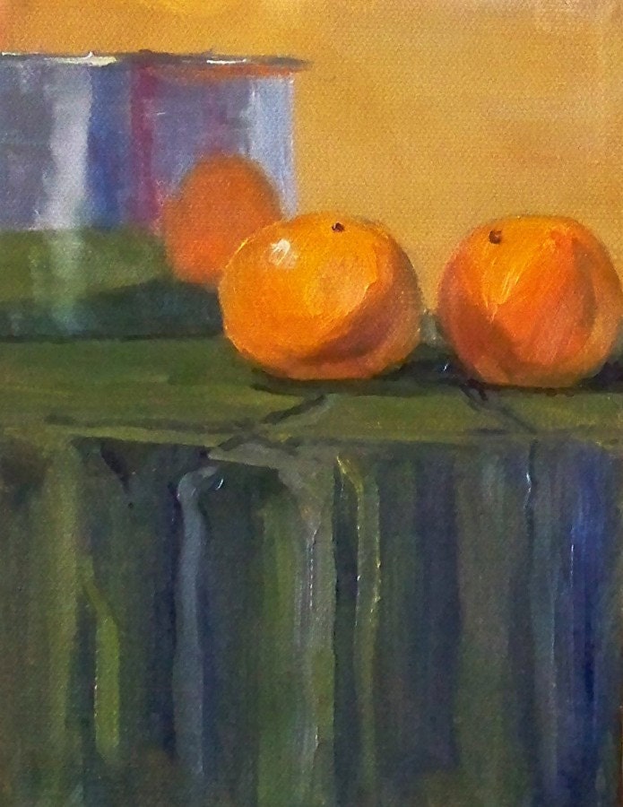 Still Life Oil Painting, Tangerine and Chrome, Gallery Canvas, 6x8, Kitchen Decor, Green Cloth, Fruit Bowl, Orange, Citrus Wall Decor