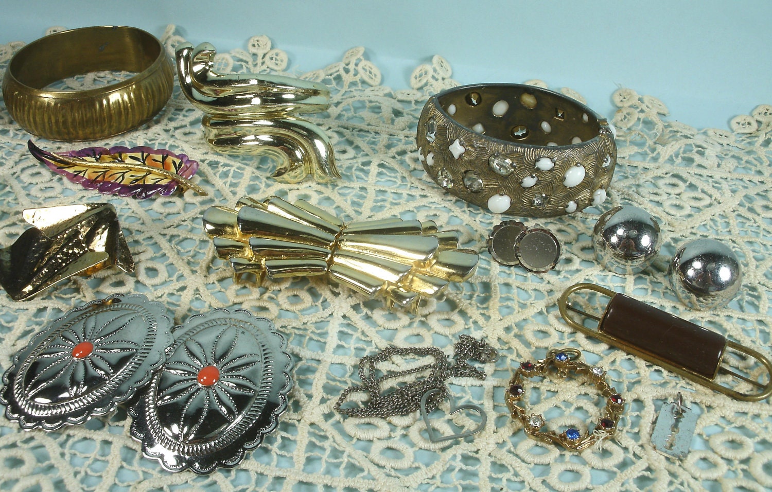 Vintage Jewelry Lot - 17 Pieces Bracelets Earrings Necklace Belt Buckle