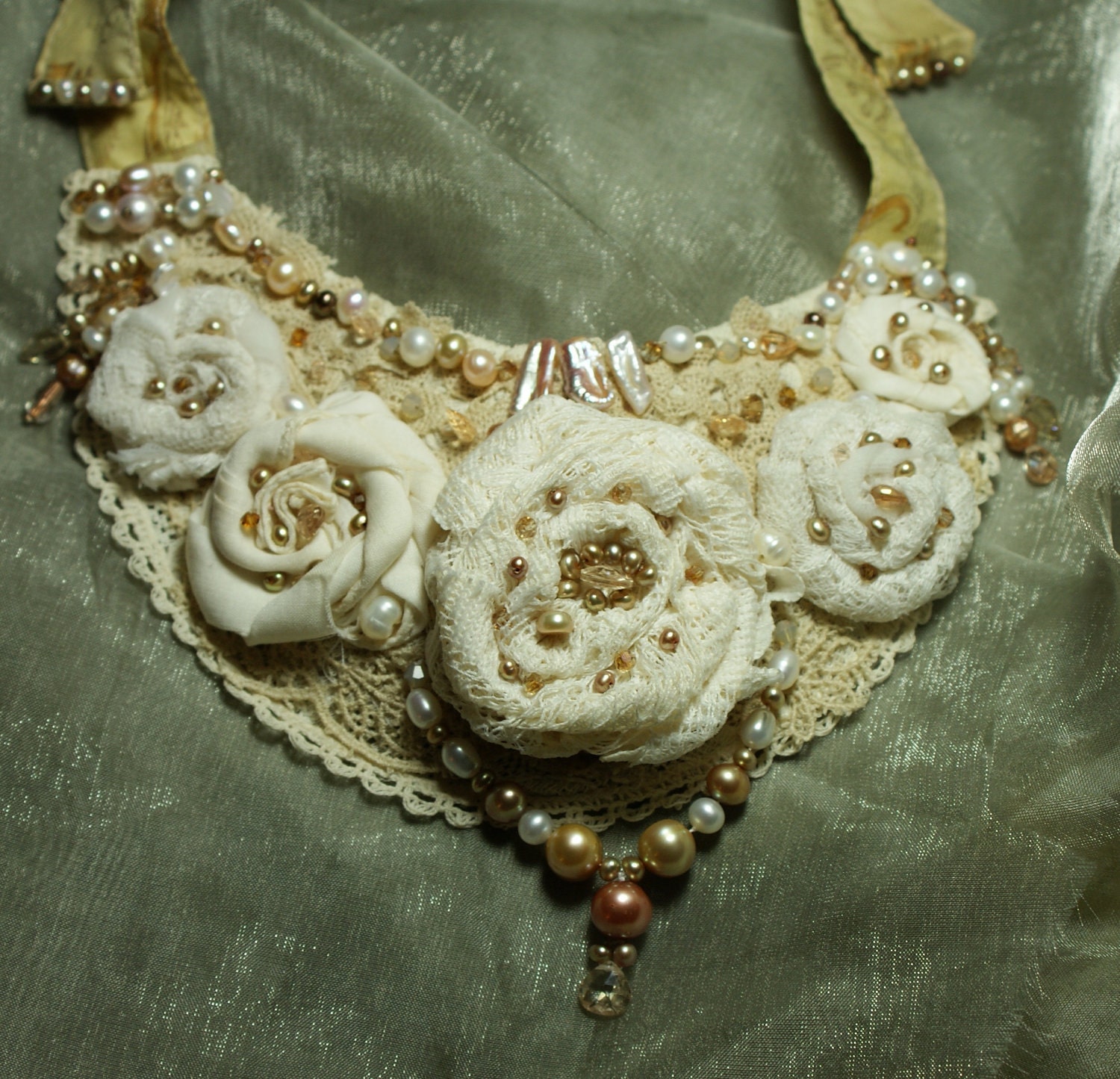 Vintage Lace Rose Bib Necklace with Pearls and Crystals