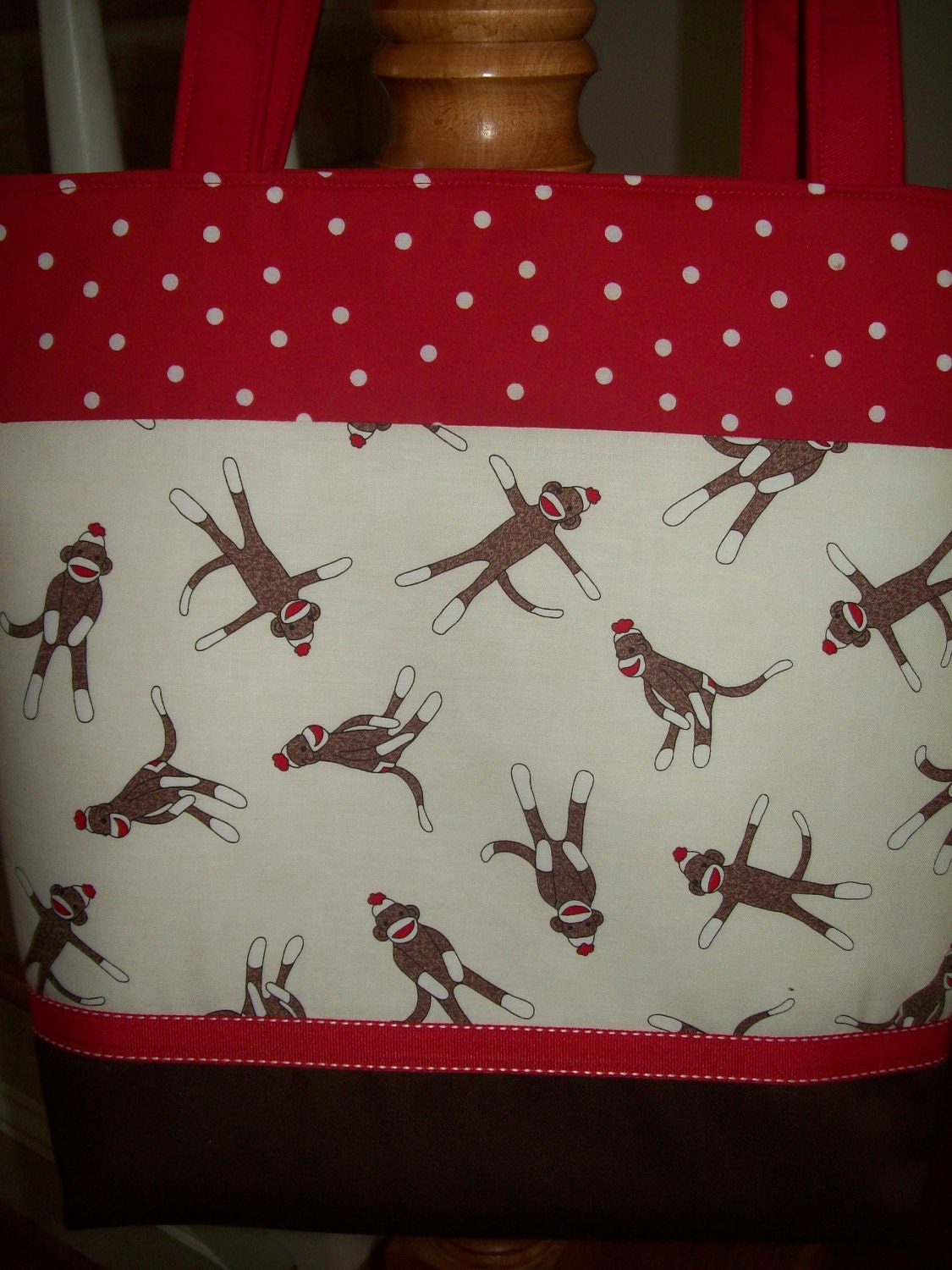 RED Brown...Cream ....SOCK MONKEY Print....Polka Dots...Ribbon..Binky Clip...Diaper Bag..Tote..Bookbag