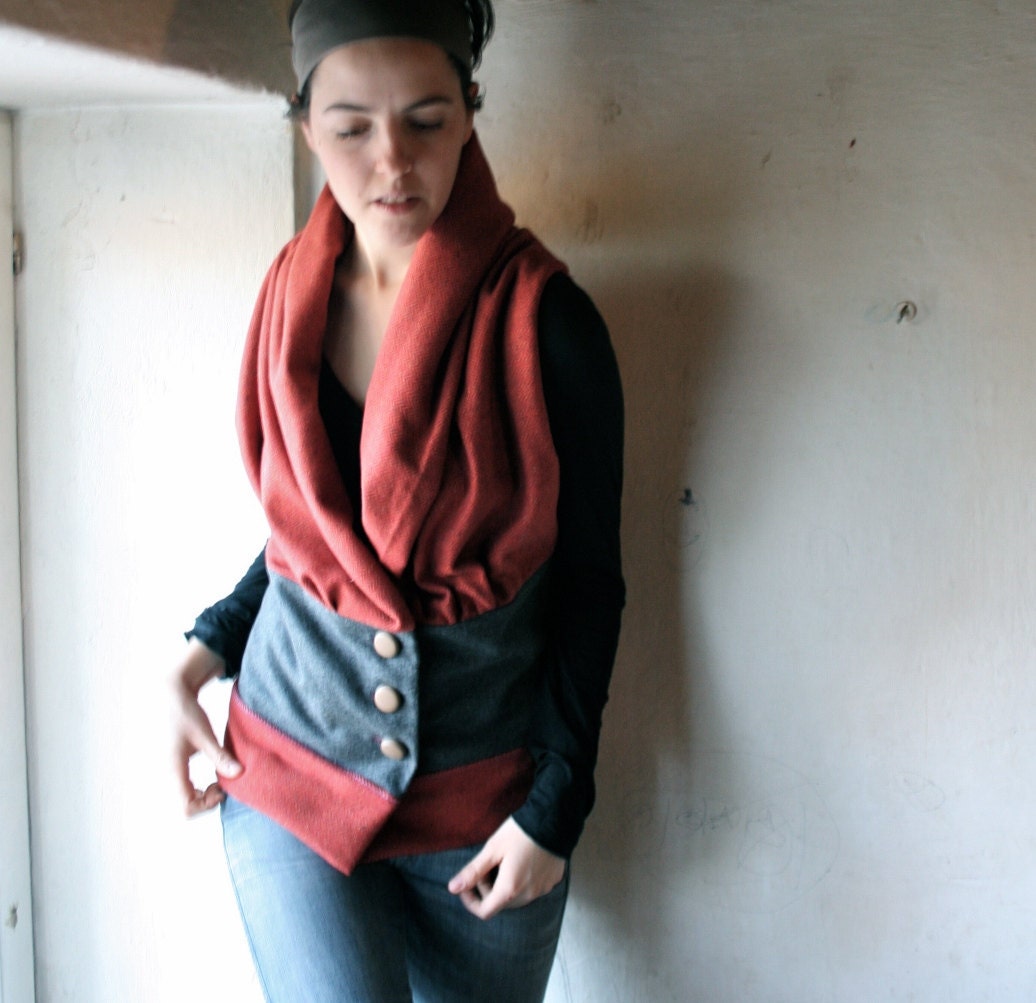 Sleevless Coat vest in orange and grey herringbone wool - SALE