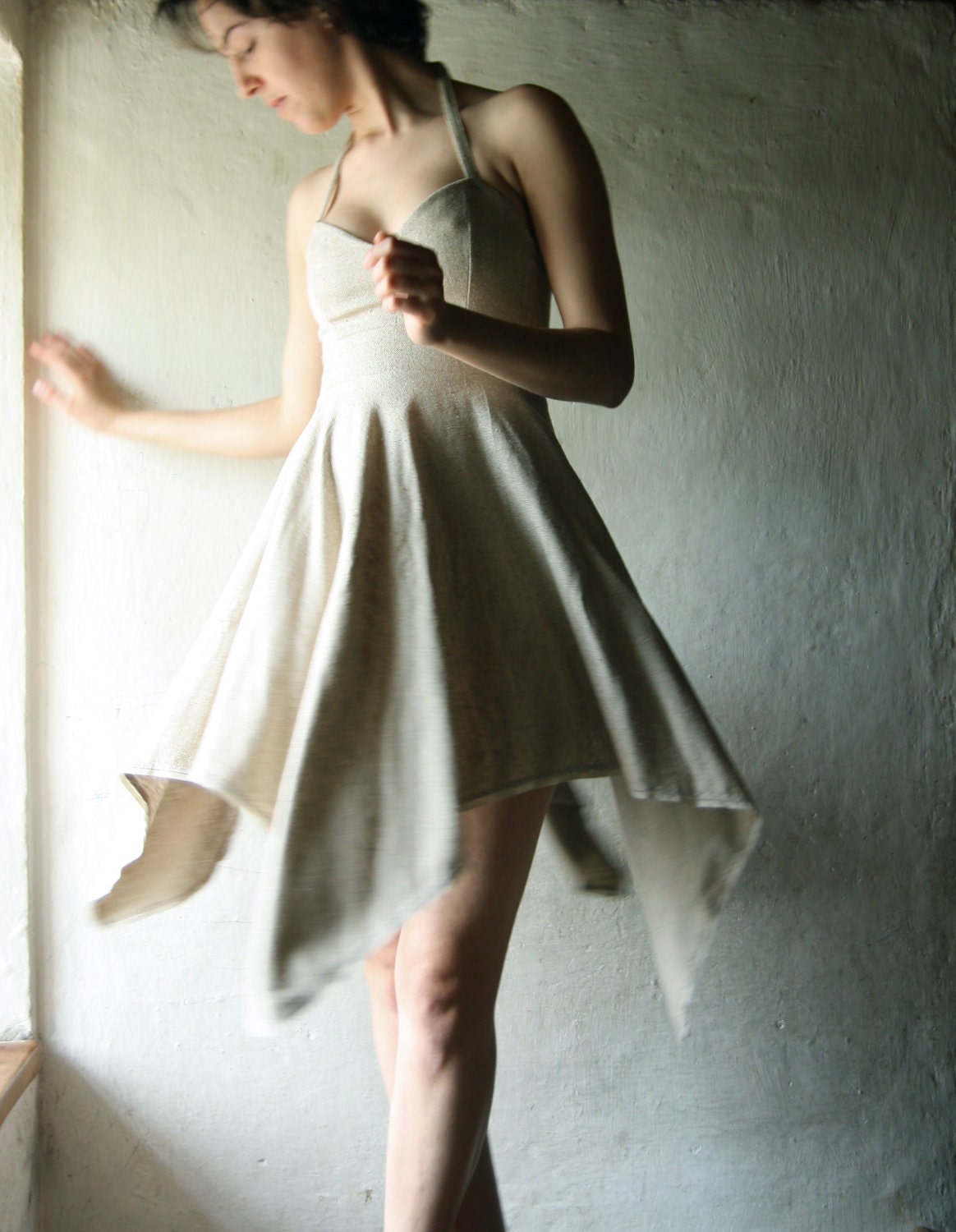 Short Party or Wedding Dress in Ecru woven Silk