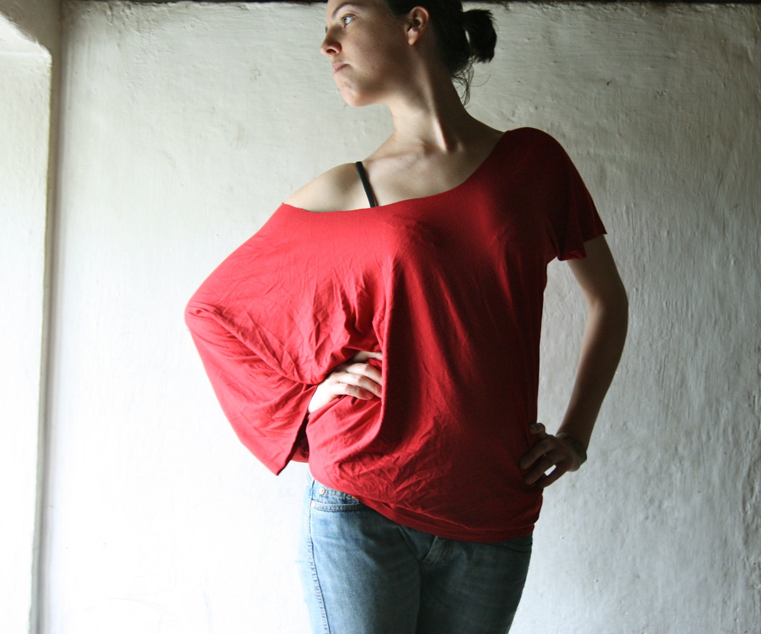 asymmetrical Tshirt top womens draped blouse in red jersey