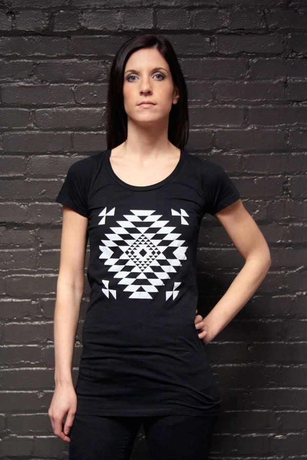 Native Inspired Women's Black Tunic Top/Tee - Hand Silkscreen Printed Shirt