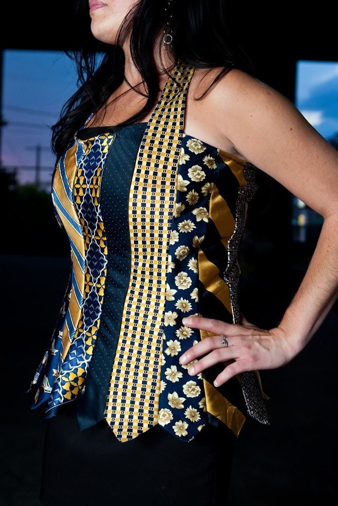 Glamarita TIE Me Up TIE Me Down Blue and Gold NECKTIE Halter Top All Sizes Available