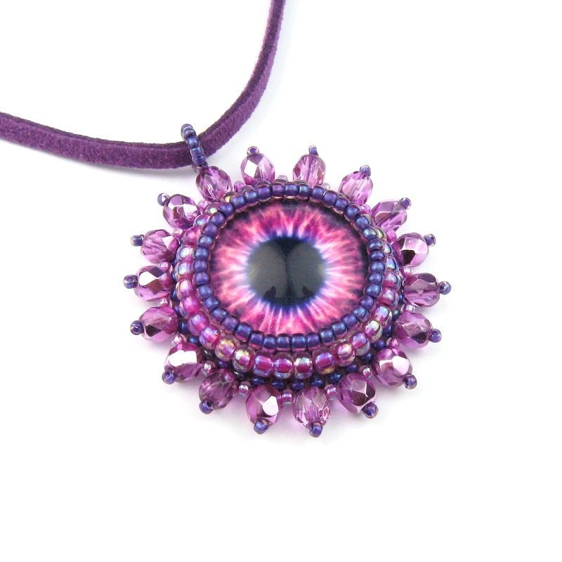 Eye Pendant, Pink and Purple, Beadwoven Glass, Eyeball Necklace: VOODOO CHILD